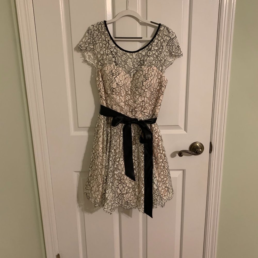 Masquerade Lace dress, Fit-and-Flare, pale pink lining, black and white lace